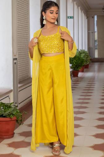 Yellow Embellished Shoulder Straps Ethnic Top With Palazzos & Shrug