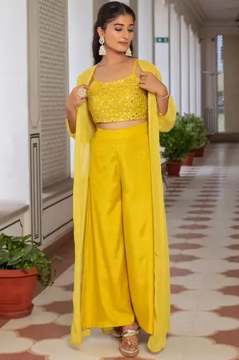 Yellow Embellished Shoulder Straps Ethnic Top With Palazzos & Shrug