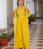 Yellow Embellished Shoulder Straps Ethnic Top With Palazzos & Shrug