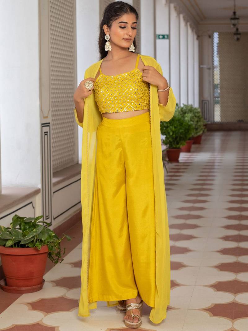 Yellow Embellished Shoulder Straps Ethnic Top With Palazzos & Shrug