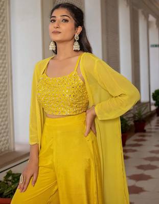 Yellow Embellished Shoulder Straps Ethnic Top With Palazzos & Shrug 2