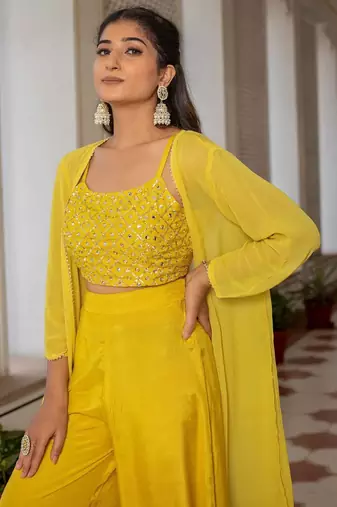 Yellow Embellished Shoulder Straps Ethnic Top With Palazzos & Shrug