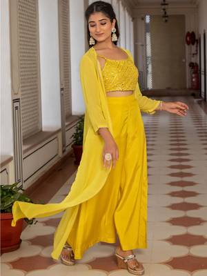 Yellow Embellished Shoulder Straps Ethnic Top With Palazzos & Shrug 3