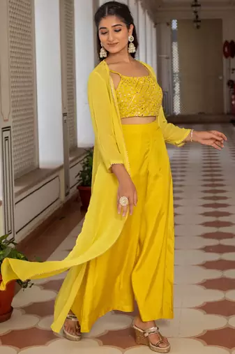 Yellow Embellished Shoulder Straps Ethnic Top With Palazzos & Shrug