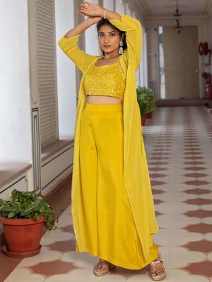 Yellow Embellished Shoulder Straps Ethnic Top With Palazzos & Shrug 4