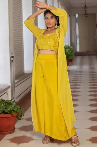 Yellow Embellished Shoulder Straps Ethnic Top With Palazzos & Shrug