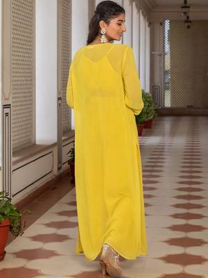 Yellow Embellished Shoulder Straps Ethnic Top With Palazzos & Shrug 5