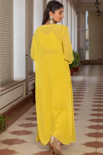 Yellow Embellished Shoulder Straps Ethnic Top With Palazzos & Shrug