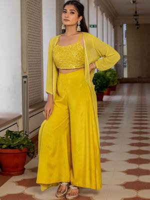 Yellow Embellished Shoulder Straps Ethnic Top With Palazzos & Shrug 6