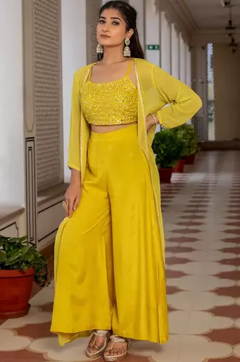 Yellow Embellished Shoulder Straps Ethnic Top With Palazzos & Shrug