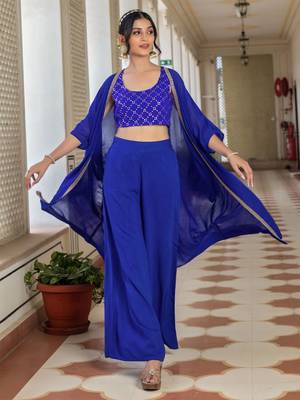 Blue Embroidered Round Neck Sleeveless Top & Palazzo With Shrug 1