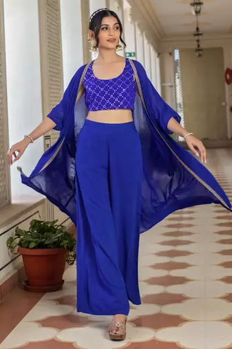 Blue Embroidered Round Neck Sleeveless Top & Palazzo With Shrug