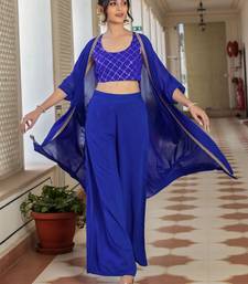 Blue Embroidered Round Neck Sleeveless Top & Palazzo With Shrug