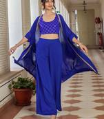 Blue Embroidered Round Neck Sleeveless Top & Palazzo With Shrug
