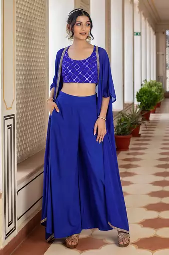 Blue Embroidered Round Neck Sleeveless Top & Palazzo With Shrug