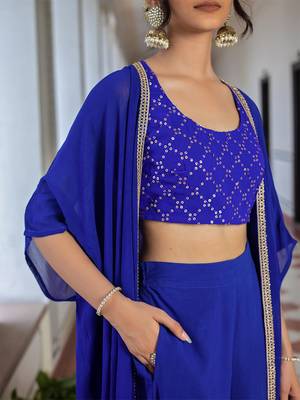 Blue Embroidered Round Neck Sleeveless Top & Palazzo With Shrug 3