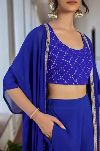 Blue Embroidered Round Neck Sleeveless Top & Palazzo With Shrug