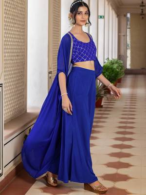 Blue Embroidered Round Neck Sleeveless Top & Palazzo With Shrug 4
