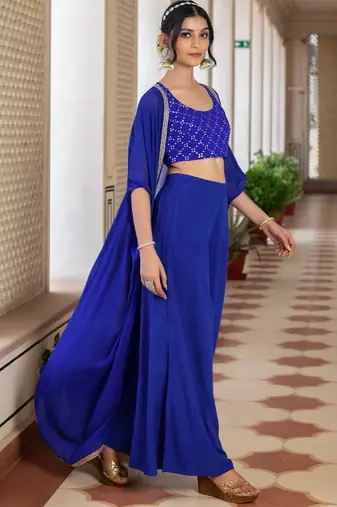 Blue Embroidered Round Neck Sleeveless Top & Palazzo With Shrug