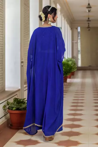 Blue Embroidered Round Neck Sleeveless Top & Palazzo With Shrug