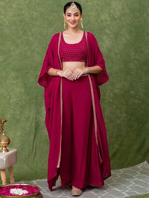 Rani Pink Embroidered Crop Top With Shrug & Palazzos 1