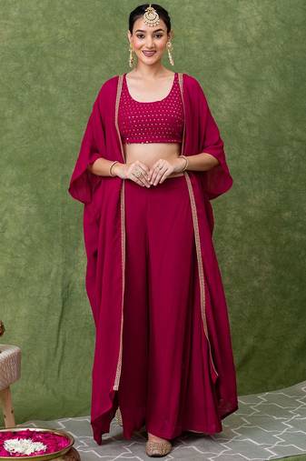 Rani Pink Embroidered Crop Top With Shrug & Palazzos