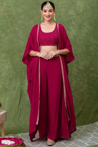 Rani Pink Embroidered Crop Top With Shrug & Palazzos
