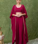 Rani Pink Embroidered Crop Top With Shrug & Palazzos