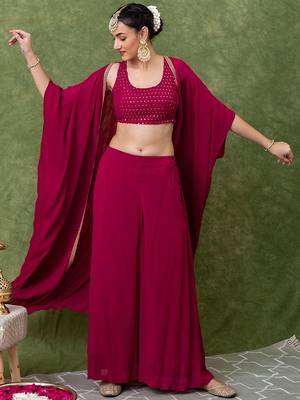 Rani Pink Embroidered Crop Top With Shrug & Palazzos 2