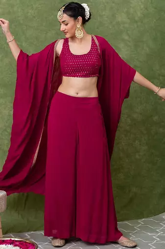 Rani Pink Embroidered Crop Top With Shrug & Palazzos