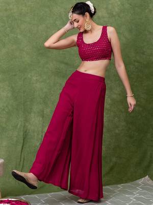 Rani Pink Embroidered Crop Top With Shrug & Palazzos 3