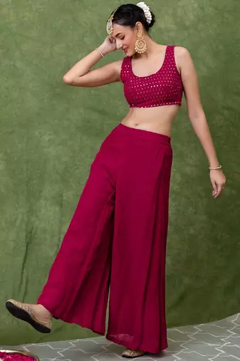 Rani Pink Embroidered Crop Top With Shrug & Palazzos