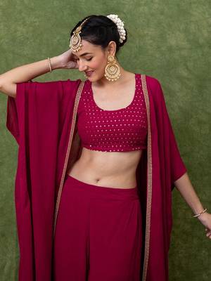 Rani Pink Embroidered Crop Top With Shrug & Palazzos 4