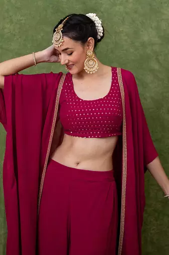 Rani Pink Embroidered Crop Top With Shrug & Palazzos