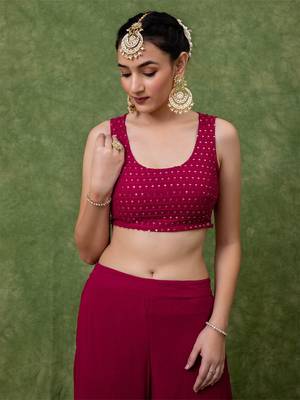 Rani Pink Embroidered Crop Top With Shrug & Palazzos 5