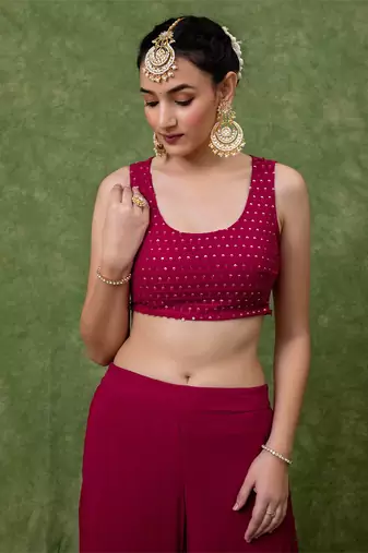 Rani Pink Embroidered Crop Top With Shrug & Palazzos