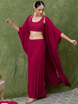 Rani Pink Embroidered Crop Top With Shrug & Palazzos 6