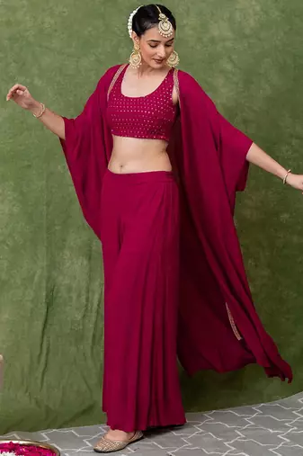 Rani Pink Embroidered Crop Top With Shrug & Palazzos