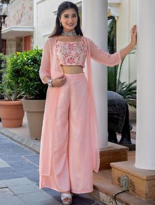 Pink colour Women Embroidered Shrug & Crop Top with Palazzo Set 1
