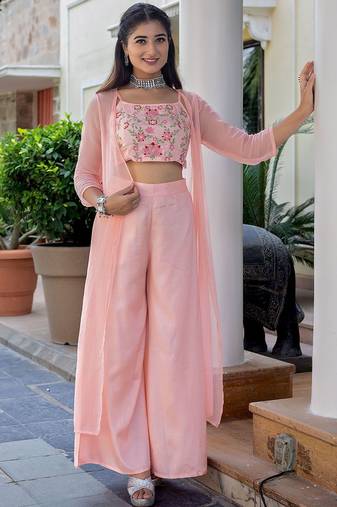 Pink colour Women Embroidered Shrug & Crop Top with Palazzo Set