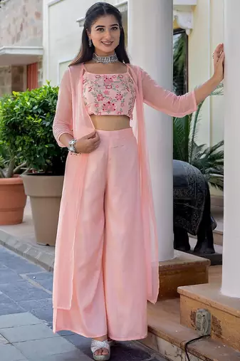 Pink colour Women Embroidered Shrug & Crop Top with Palazzo Set