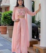 Pink colour Women Embroidered Shrug & Crop Top with Palazzo Set