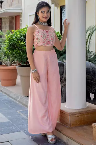 Pink colour Women Embroidered Shrug & Crop Top with Palazzo Set