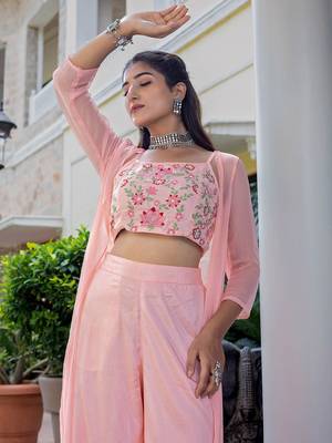 Pink colour Women Embroidered Shrug & Crop Top with Palazzo Set 3