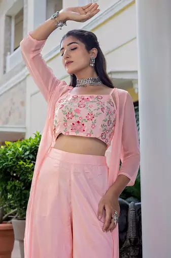 Pink colour Women Embroidered Shrug & Crop Top with Palazzo Set