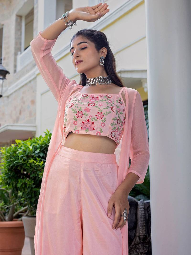 Pink colour Women Embroidered Shrug & Crop Top with Palazzo Set