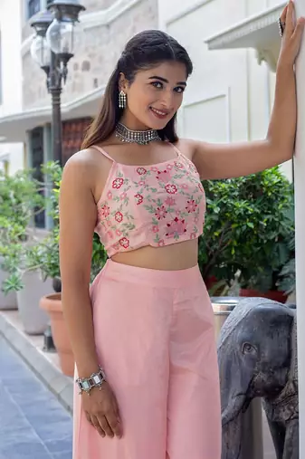 Pink colour Women Embroidered Shrug & Crop Top with Palazzo Set
