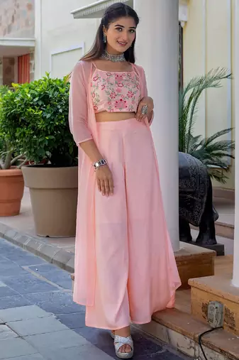 Pink colour Women Embroidered Shrug & Crop Top with Palazzo Set