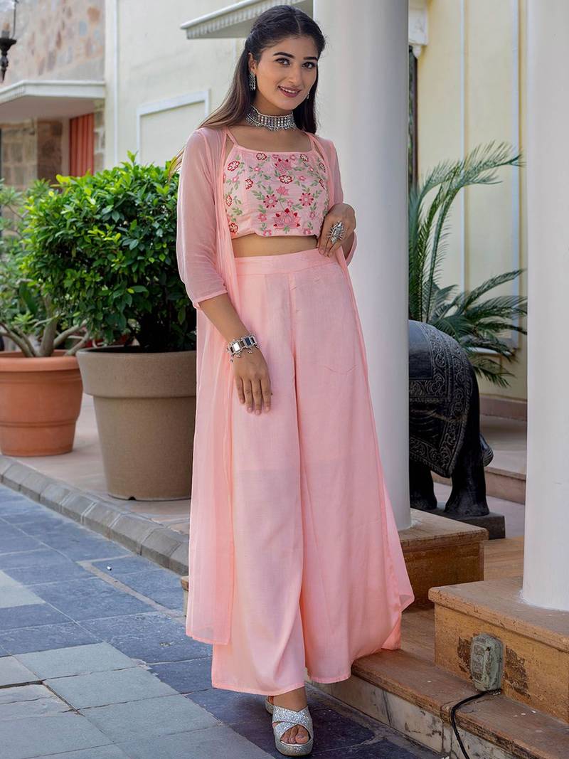 Pink colour Women Embroidered Shrug & Crop Top with Palazzo Set