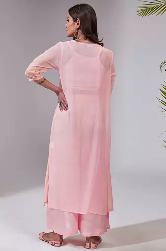 Pink colour Women Embroidered Shrug & Crop Top with Palazzo Set